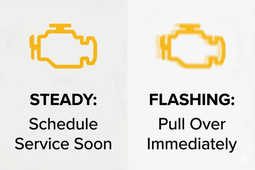 Comparison chart showing the difference in urgency between a steady and flashing check engine light